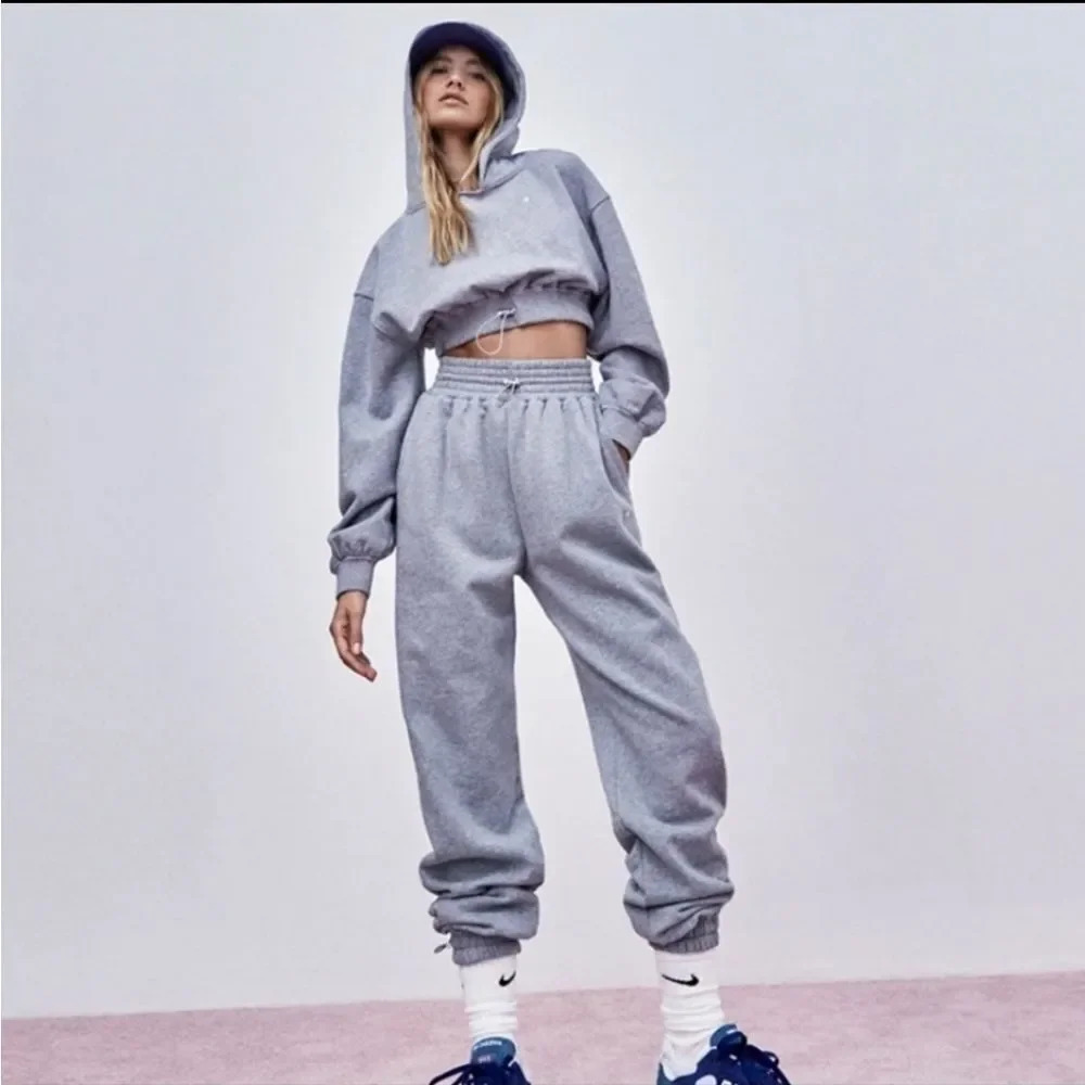 For Love & Lemons Josie Gray Hoody Crop Hoodie Sweatshirt
